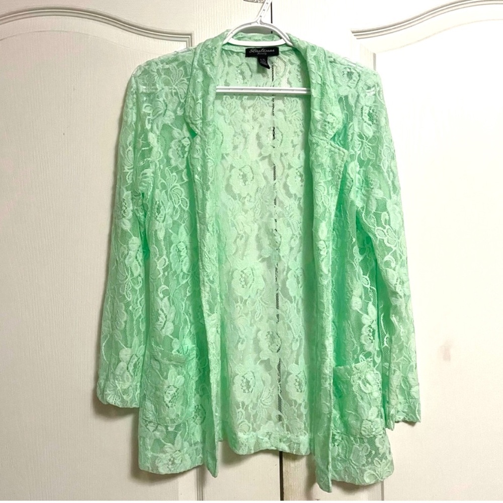 Mint Sheer Lace Open Front Cardigan Blazer